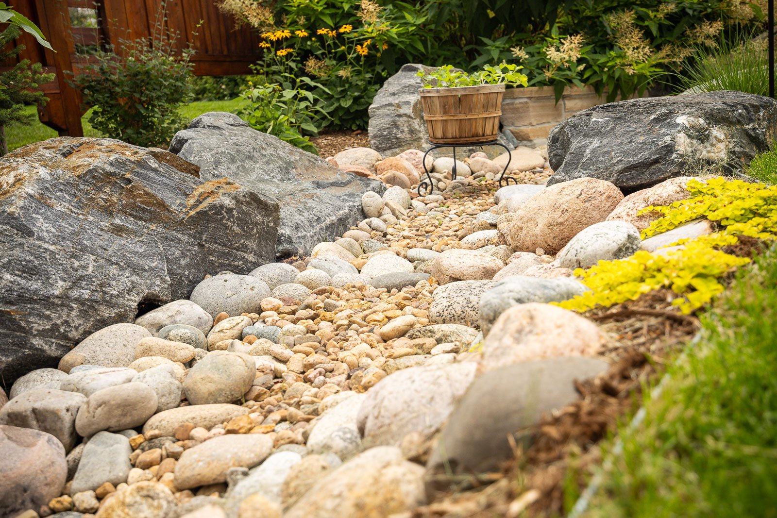 Residential landscape design small backyard rock runoff