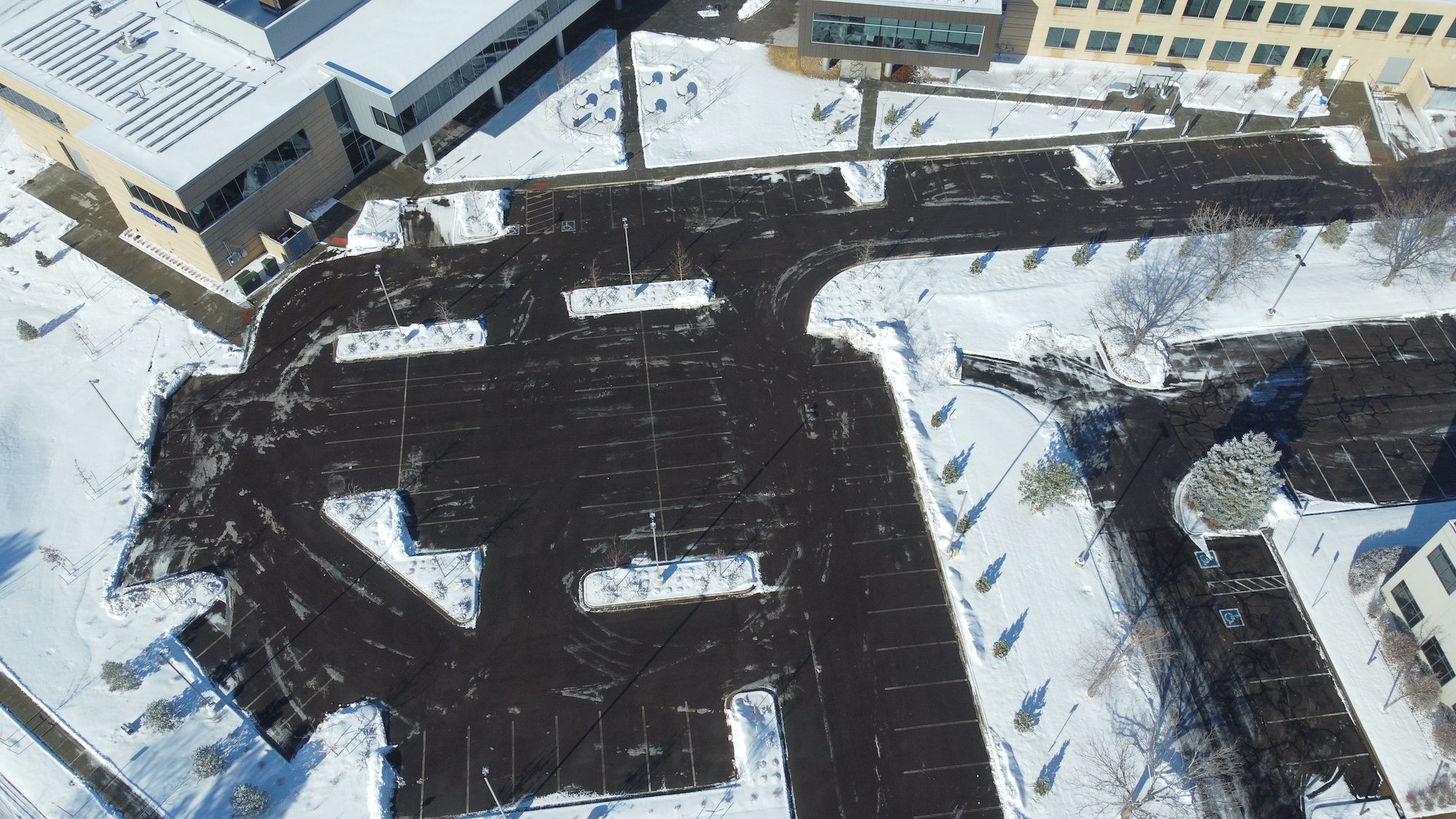 Aerial view of commercial business after snow removal service