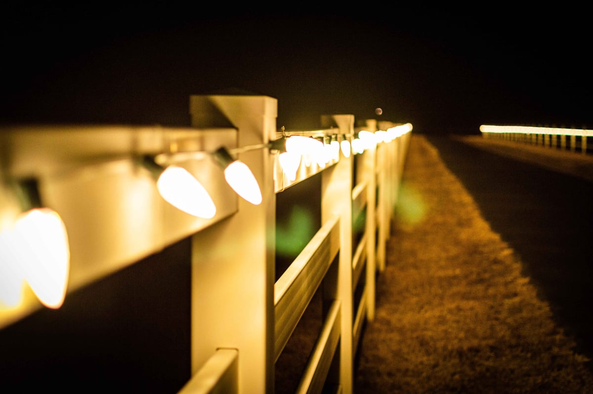 string of holiday lights on a fence