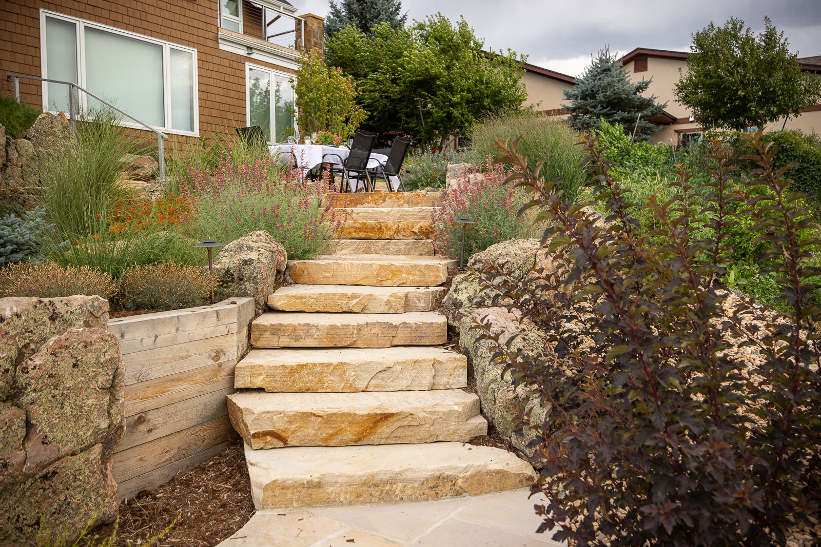 Residential landscape design back of house steps 