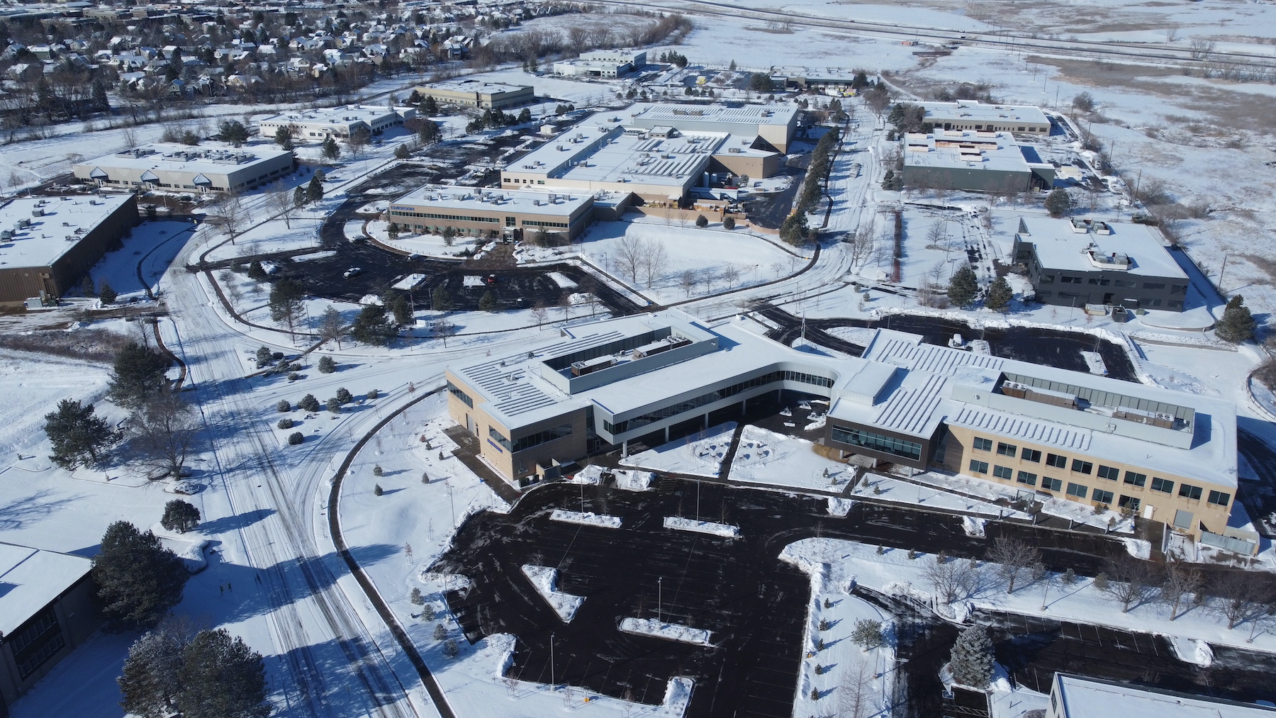 Aerial view of commercial business after snow removal 
