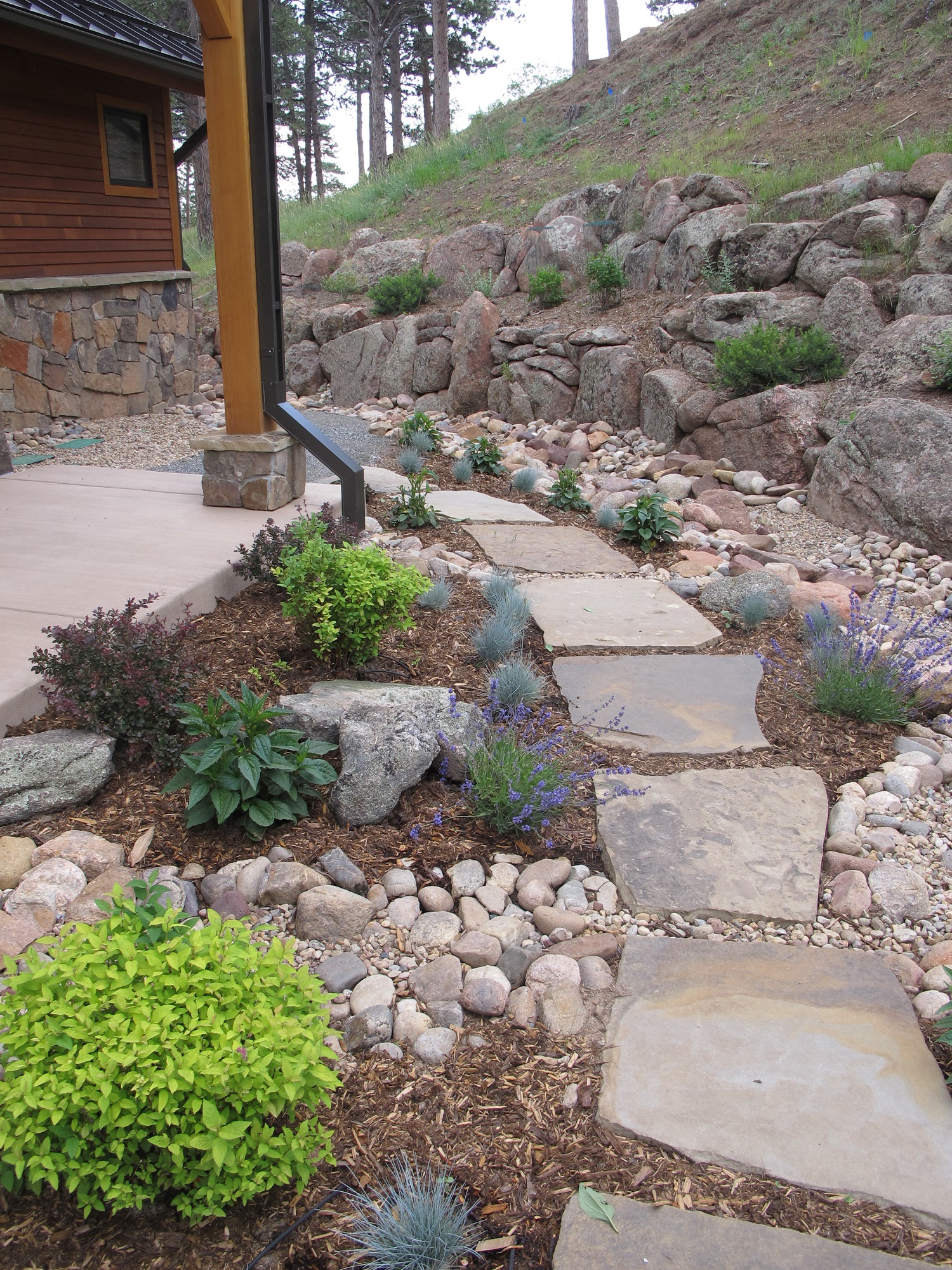 residential stone walkway and dry creek